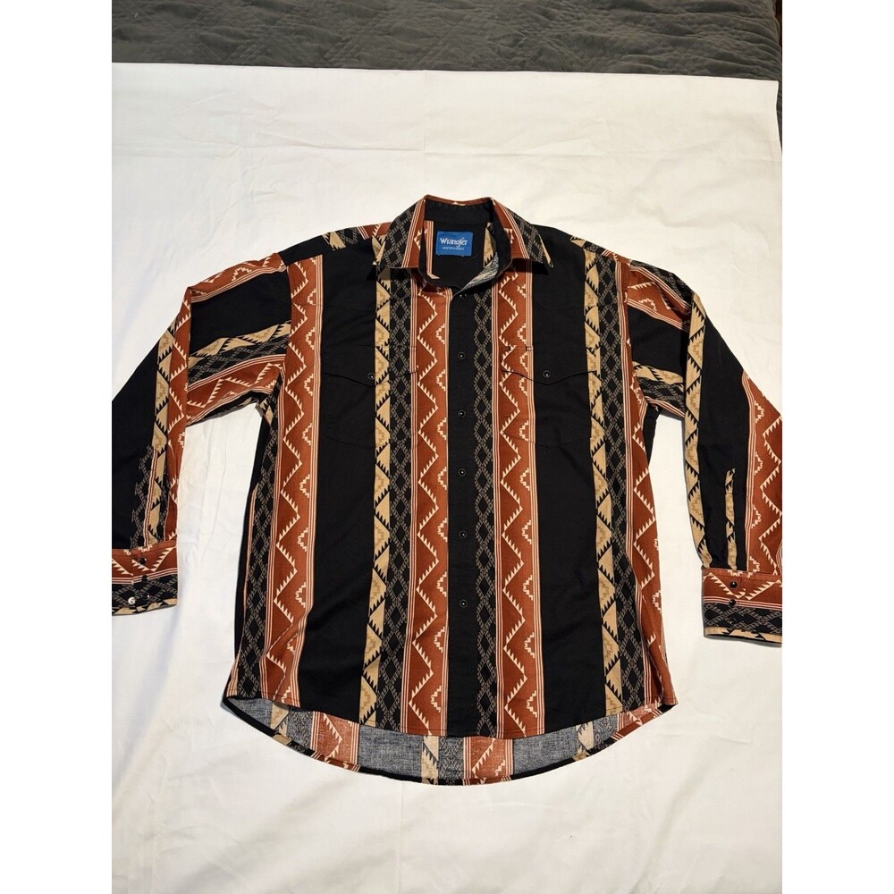 Vintage Wrangler Mens Large Pearl Snap Aztec Western Long Sleeve Shirt Brown